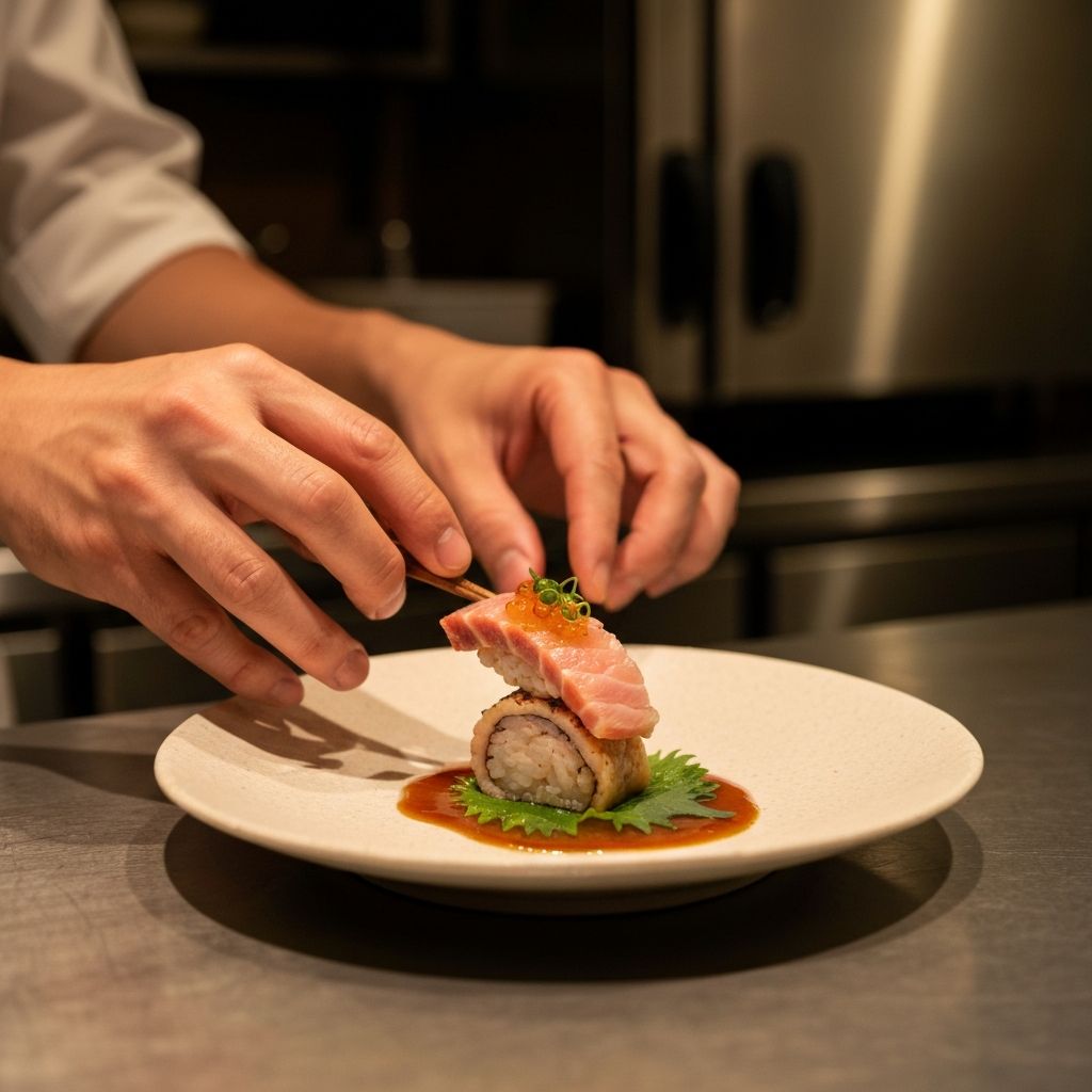 シェフが料理を盛り付けている様子